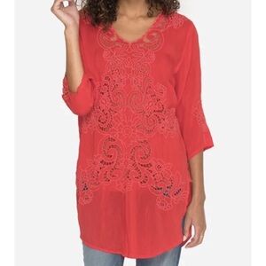 NWT Johnny Was Arlene Applique Tunic Top Women’s XS Strawberry Red Embroidered